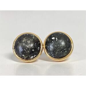 Vintage Black Speckled Cabochon Gold Tone Clip On Earrings Euro Chic 90s 80s